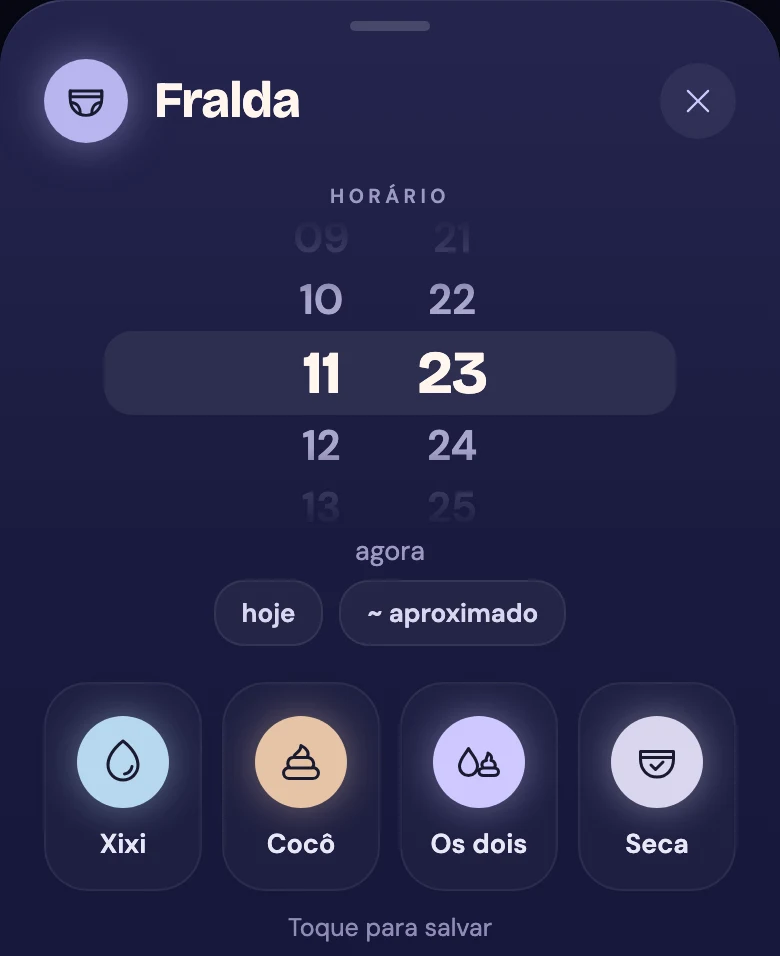 Painel Fralda: xixi, cocô, os dois ou seca, salvos com um toque, e a roda de horário.