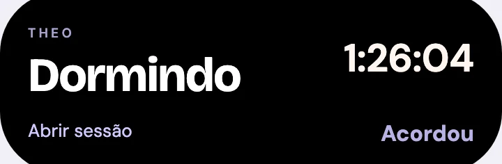 Dynamic Island aberta: Theo dormindo, 1:26:04, Abrir sessão e Acordou.
