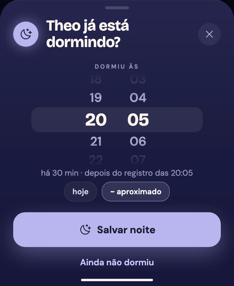 Folha Theo já está dormindo?, com a roda em 20:05, marcada como aproximada, e o botão Salvar noite.