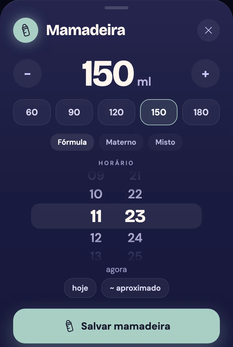 Painel Mamadeira com 150 ml de fórmula, a roda de horário e o botão Salvar mamadeira.