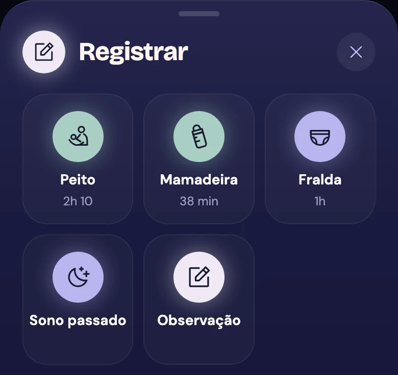 Painel Registrar com peito, mamadeira, fralda, sono passado e observação.