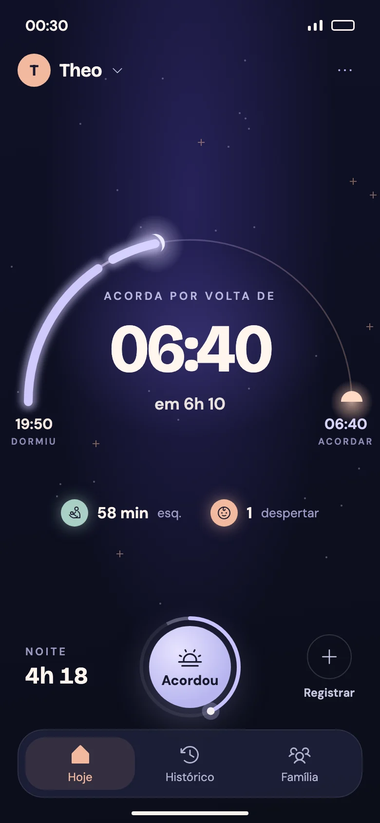 Madrugada: a noite segue até por volta de 06:40, com um despertar registrado.