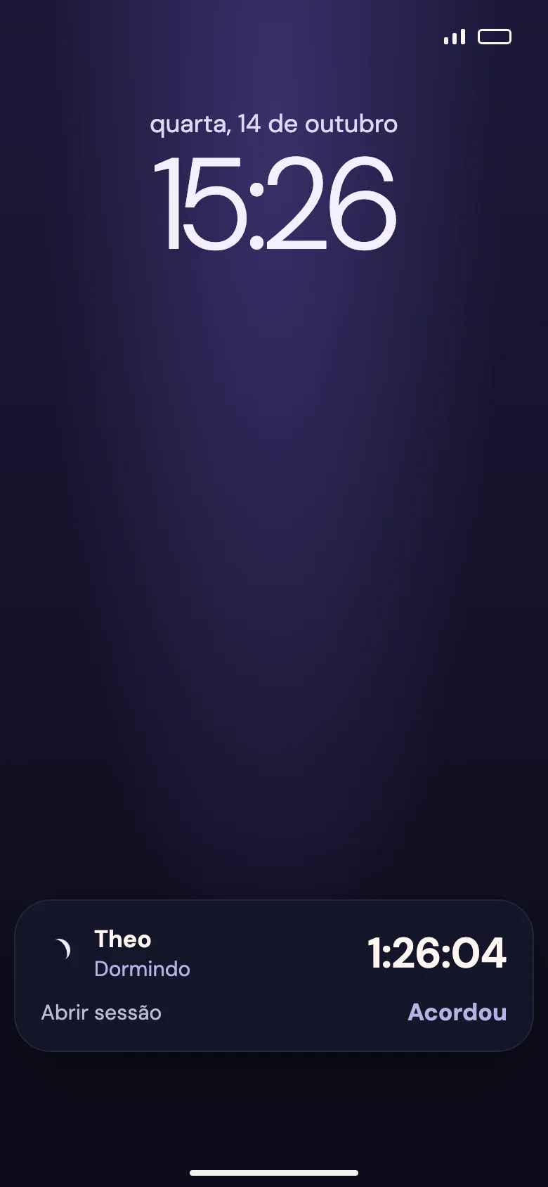 Tela bloqueada do iPhone com Theo dormindo há 1:26:04 e o atalho Acordou.
